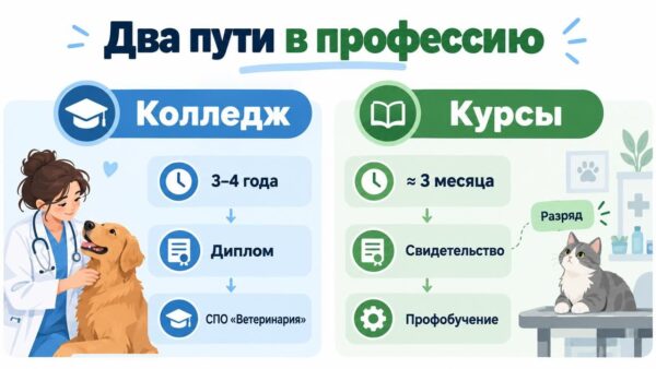 Инфографика 1 — схема «Два пути в профессию»: колледж 3–4 года — диплом; курсы около 3 месяцев — свидетельство и разряд