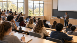 Преподаватель вуза читает лекцию студентам в аудитории